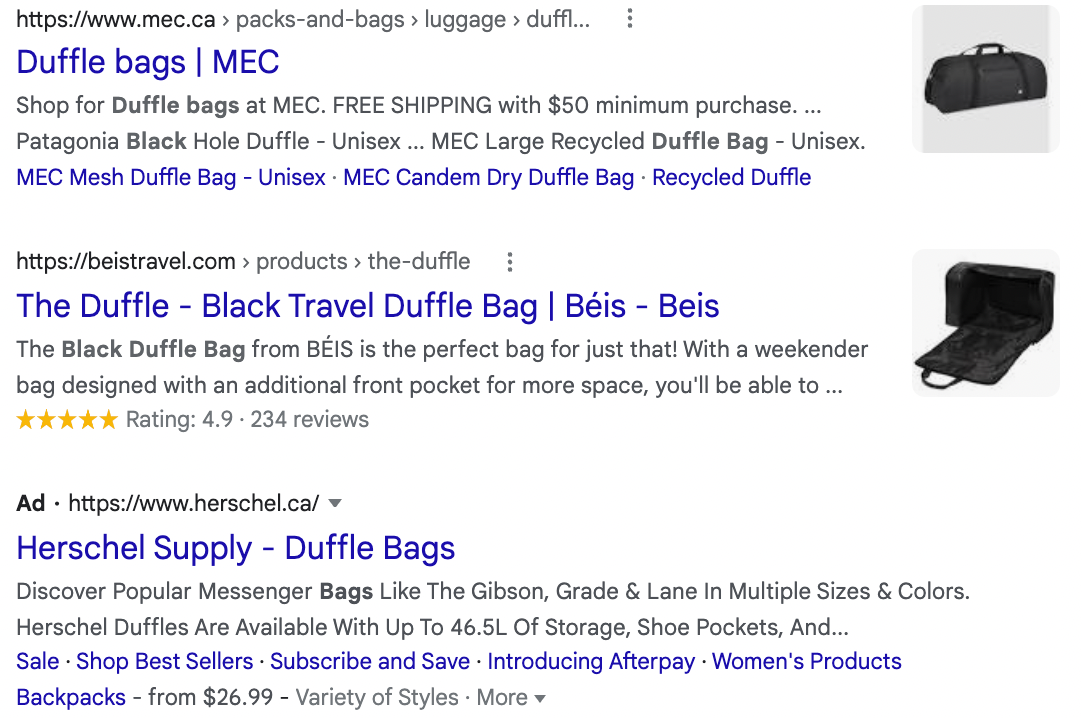 Example of SERP product listing with star ratings