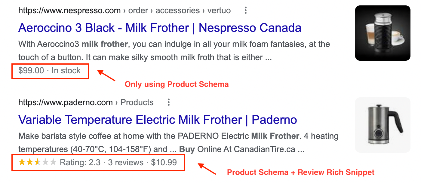 Difference between rich results with product schema and review schema