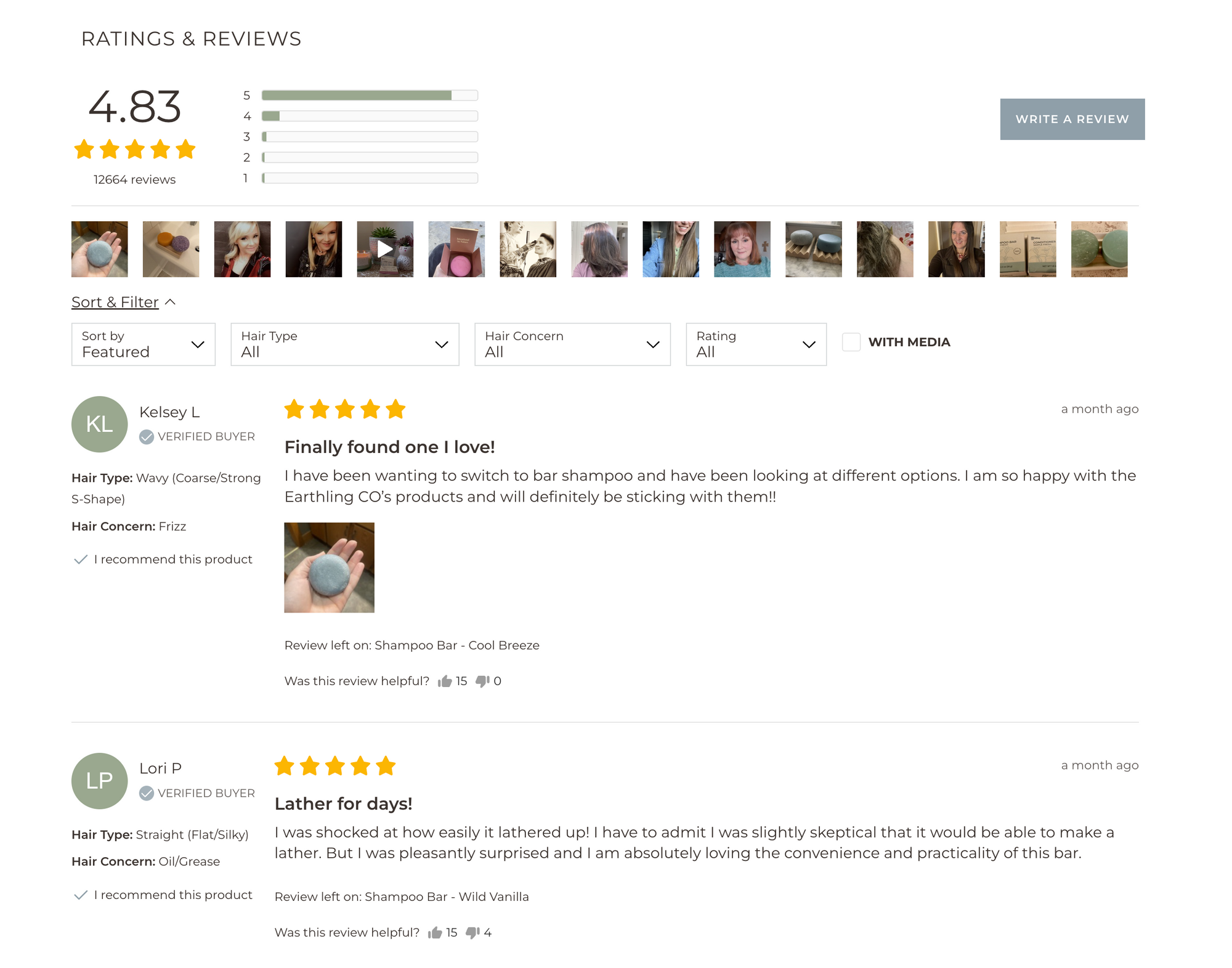 A snapshot of reviews on the product page for shampoo bars by the earthling co. - desktop view