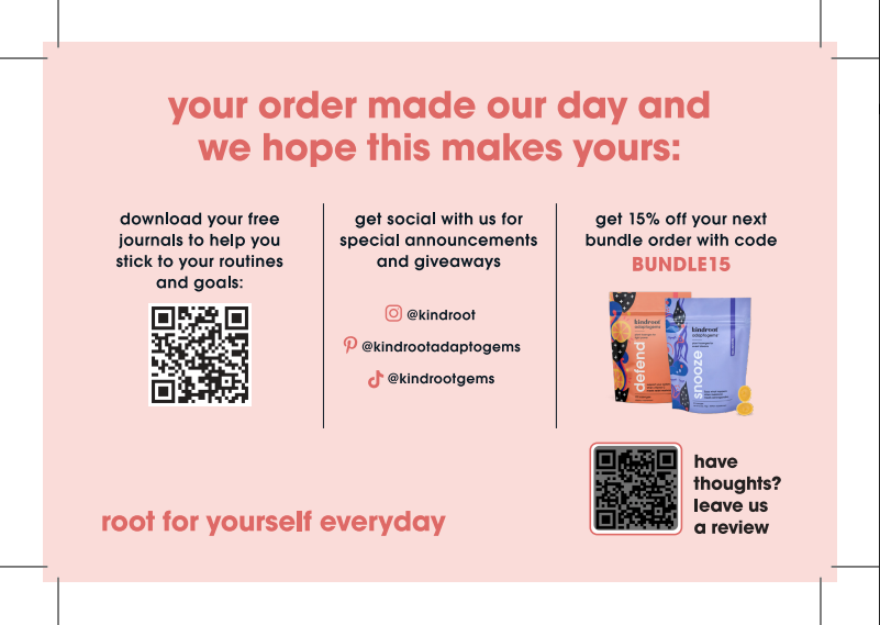 Example of how Kindroot uses QR code Review Links on their packaging cards