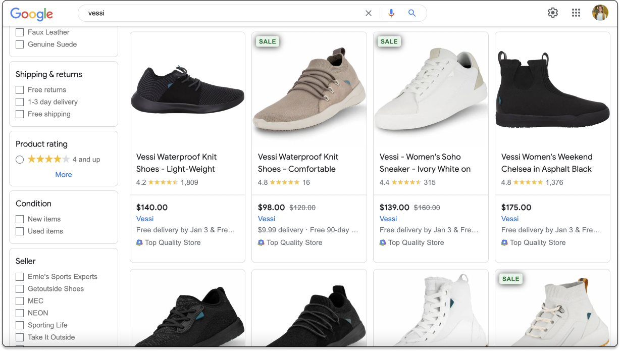 Example of Vessi using Junip to display reviews on product listings in Google Shopping
