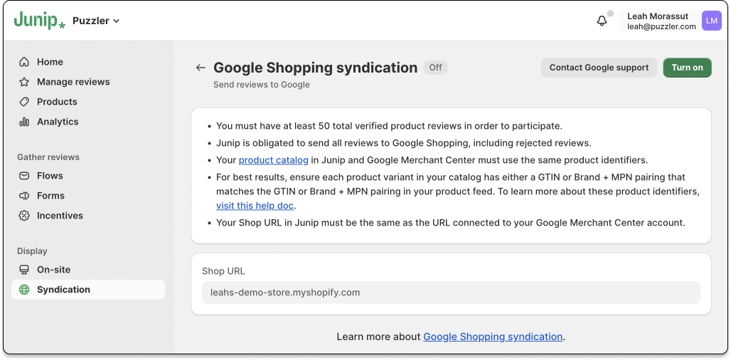 Turning on Google Shopping syndication in Junip