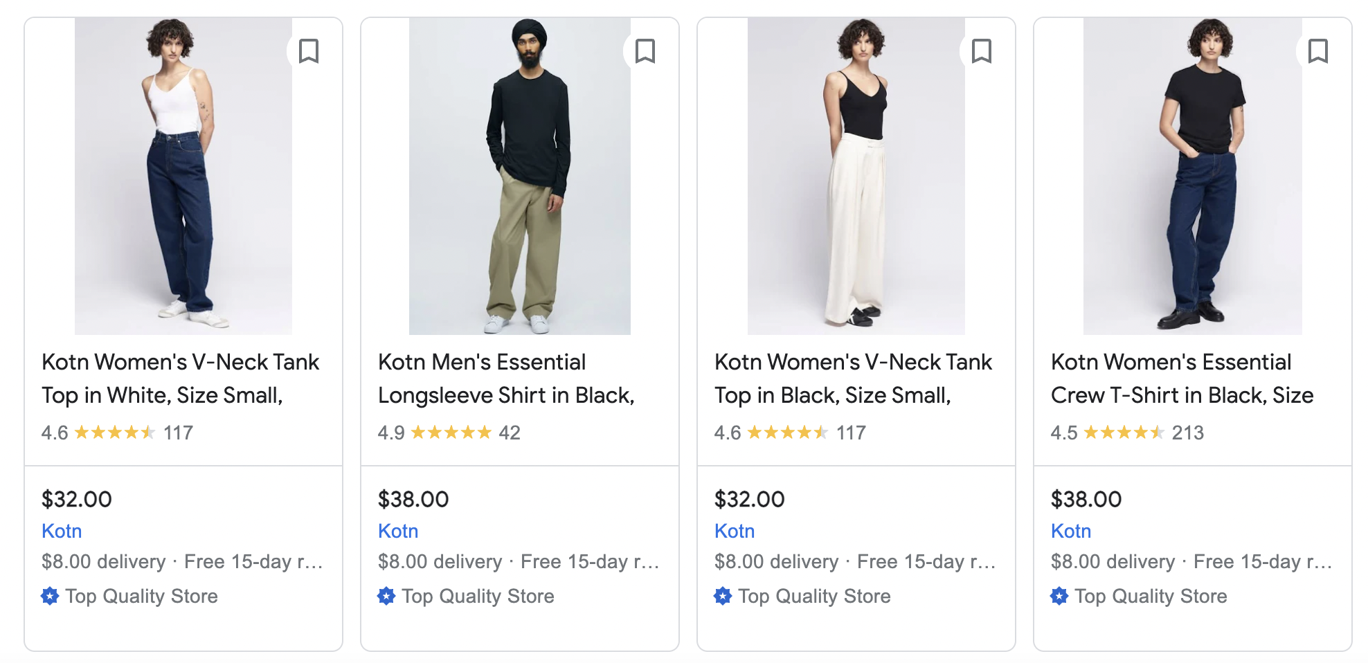 Example of KOTN displaying reviews on their Shopping ads in Google Shopping