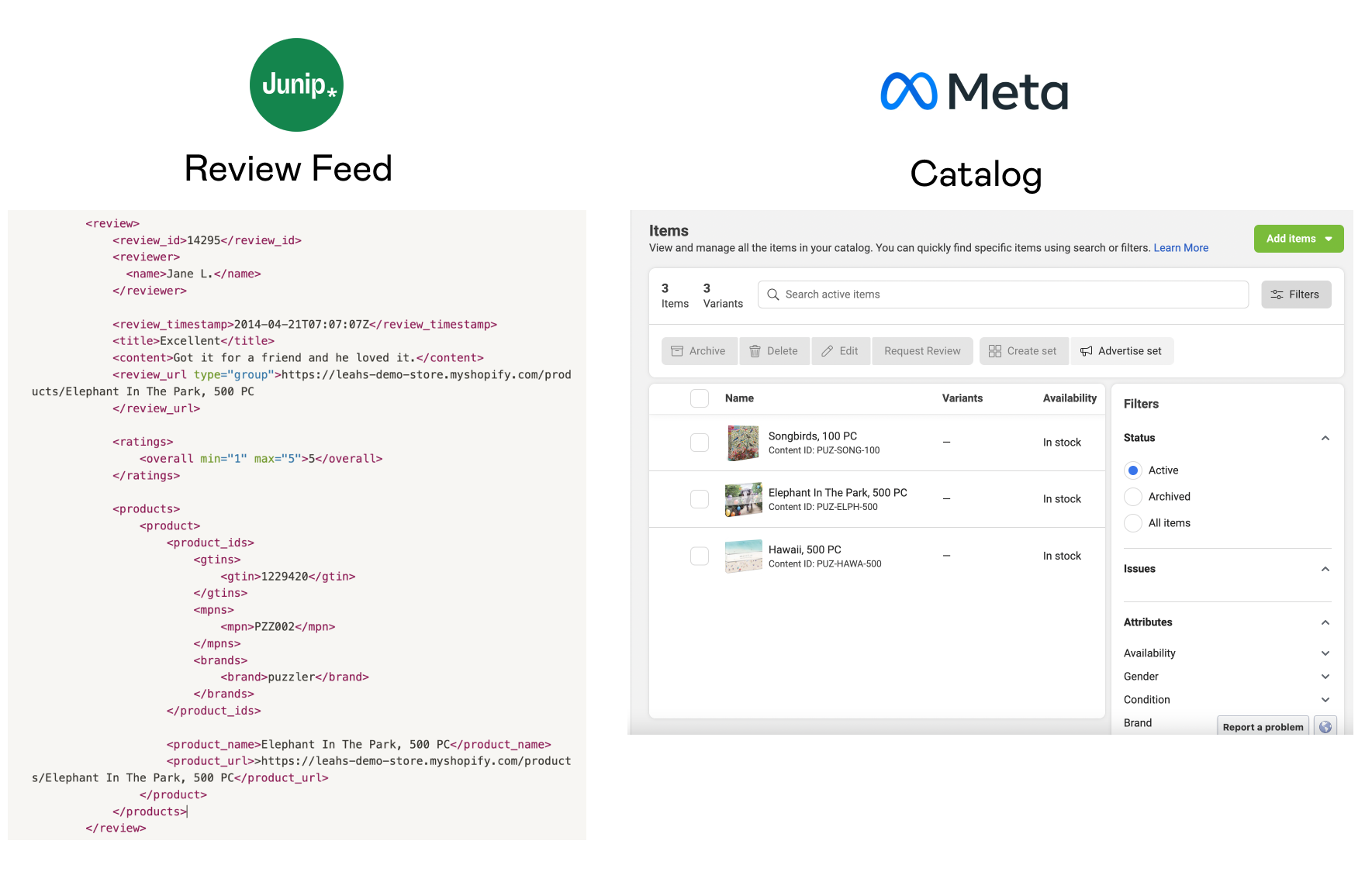 Review feed in Junip and Catalog in Meta Commerce Manager
