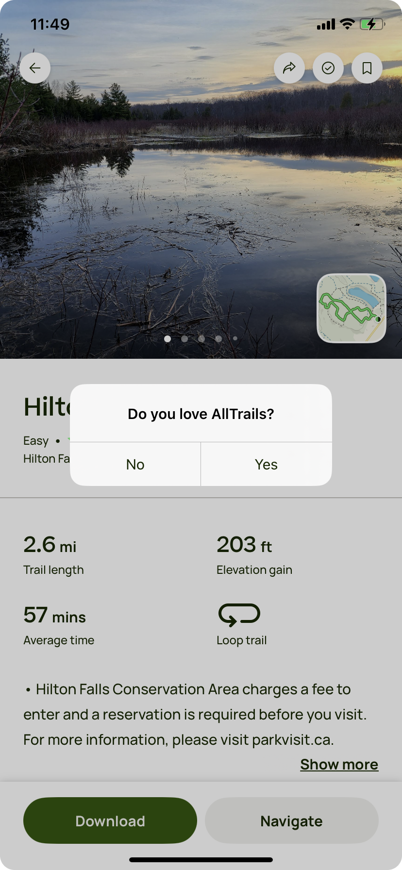 Alltrails asking users to rate the app with in-app push notification