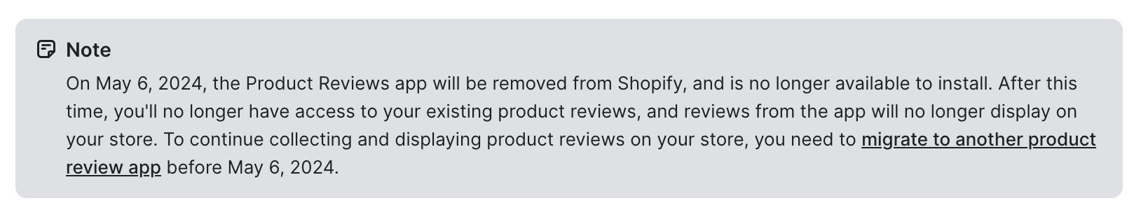 Details from Shopify's site on the deprecation of the Product Reviews App