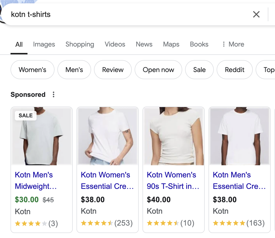 Kotn Google Shopping listings