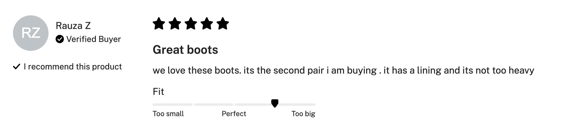 Review from the Deux par Deux website that has a "fit" question response