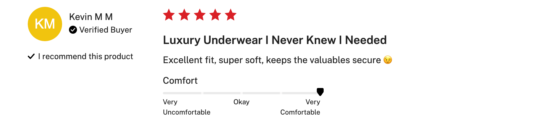 Review from the Sheath Underwear website that shows a "comfort" question response