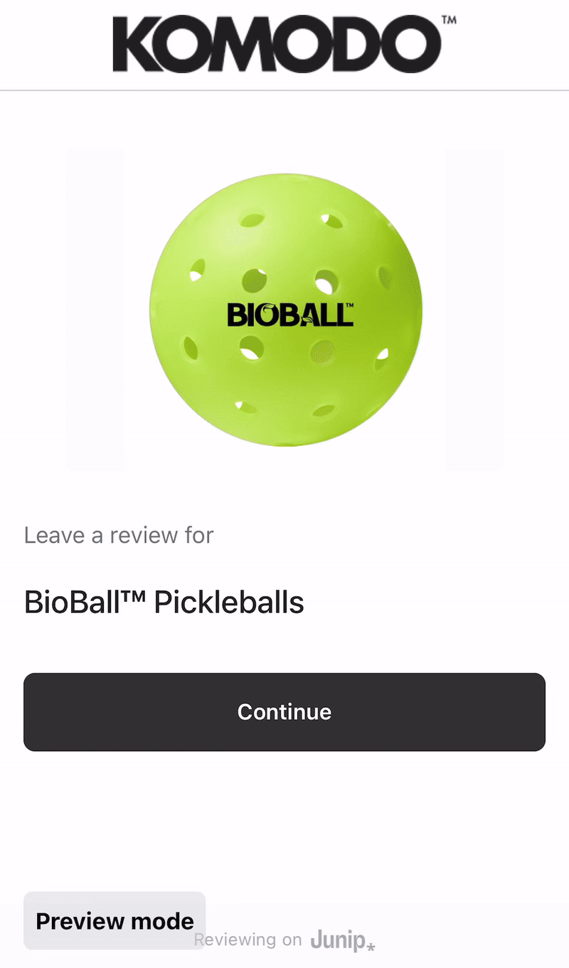 Preview of Komodo Pickleball's mobile-optimized review form with Junip