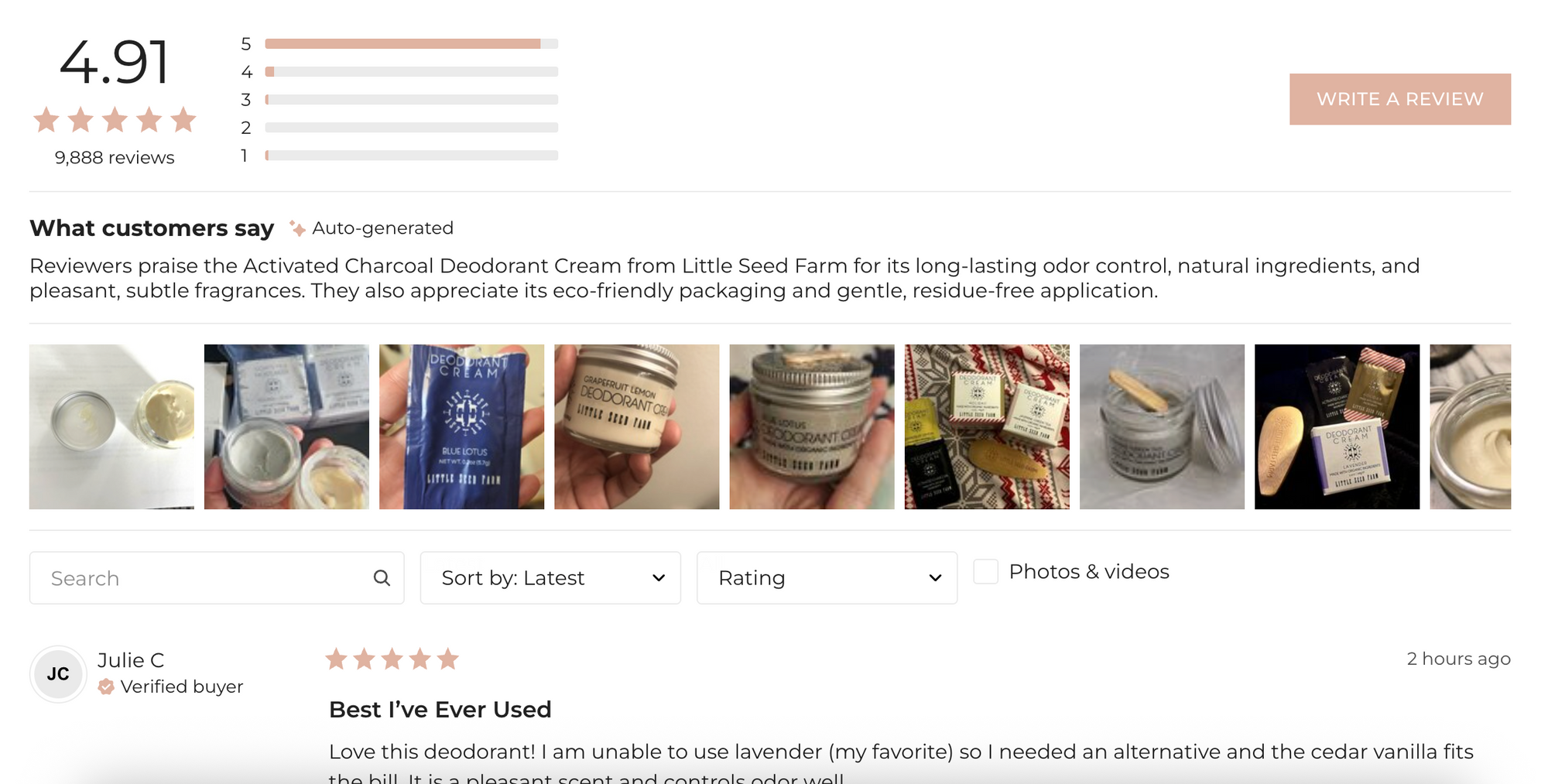 Reviews displayed on the PDP for Little Seed Farm's Activated Charcoal Deodorant - desktop view